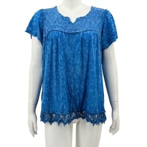 One World Top Womens 1X Blue Crochet Lace Peasant Boho Fairy Flowy Casual Summer